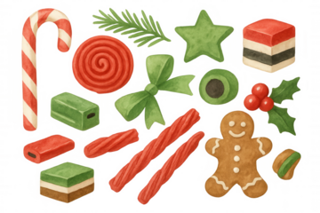 Christmas holiday treats and sweets collection with gingerbread man, candy cane, and festive holly watercolor art