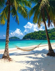 Tropical beach with white sand, turquoise water, a hammock strung between palm trees, and a lush green island backdrop under a sunny blue sky