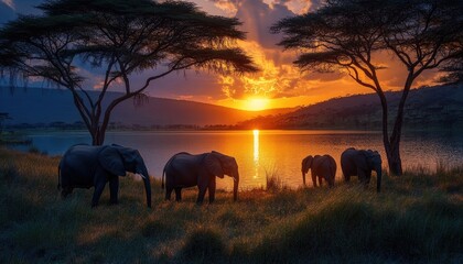 Majestic elephants at sunset by a lake, acacia trees silhouette