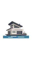 Modern house floating on water, featuring a contemporary design with a dark roof and large windows.