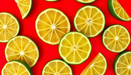 Fototapeta premium Vibrant lime slices in a repeating pattern on a bold red background, diet, pattern