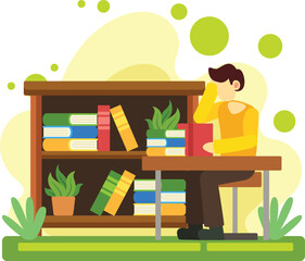 Student reading book in library illustration