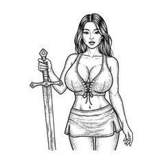 Fototapeta premium Engraving of Pin-up Style Female Warrior