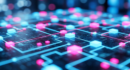 Abstract digital network of glowing blue and pink nodes connected by lines on a dark background, representing technology and data