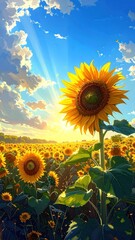 Bright yellow sunflowers bloom beneath a sunny, partly cloudy sky. Field stretches to the horizon, bathed in warm sunlight