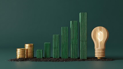 Green Investment Growth Concept with a Bar Chart, Stacks of Gold Coins and a Glowing Idea Lightbulb