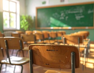Empty classroom view, rows of wooden chairs, chalkboard with writings in background. Sunlight enters, creating a calm, focused academic setting
