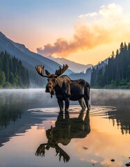 Majestic moose stands serenely in a calm lake reflecting its image, surrounded by trees and mountains during a golden sunset