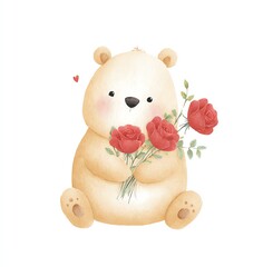 Adorable Watercolor Bear Holding Red Roses, a Sweet and Gentle Illustration Perfect for Valentines Day Cards