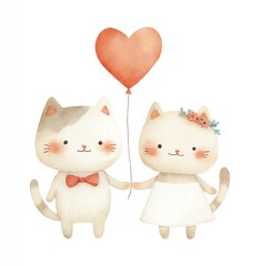 Obraz premium Adorable Watercolor Cats Holding Hands, Heart Balloon, Romantic Clipart