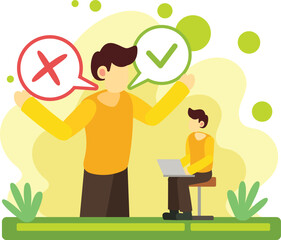 Teacher guiding student with right and wrong signs illustration