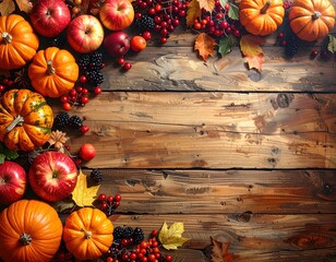 Autumn bounty pumpkins, apples, berries, & leaves artfully arranged on a weathered wooden surface. Warm, rustic, inviting seasonal spread