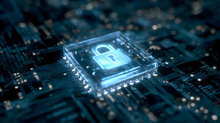 Glowing blue padlock icon on a circuit board security