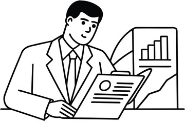 Man in suit reviewing document with financial graph on clipboard businessman office