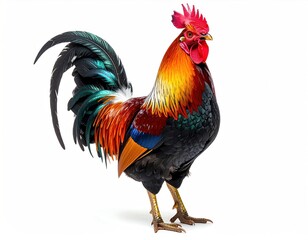 Fototapeta premium Vivid rooster with brightly colored feathers standing proudly against a white background, showcasing its vibrant plumage