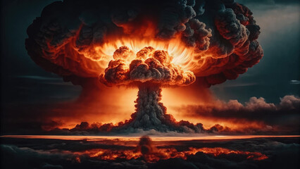 Nuclear explosion with stormy sky shock wave concept. A dramatic depiction of a nuclear explosion against a dark sky.