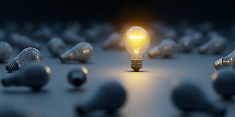 A Single Glowing Lightbulb Standing Out From a Crowd of Dark Bulbs, Representing a Unique Idea