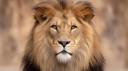 World Lion Concept. Majestic lion portrait with detailed fur and intense gaze.