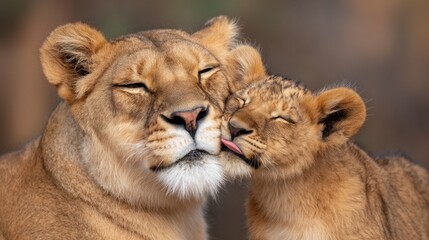 World Lion Concept. Mother lion nuzzles her cub in a tender moment of affection.