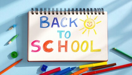Brightly colored "Back to School" lettering with a sun drawing on a sketchbook, atop a blue surface with scattered colored pencils