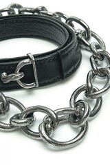 Obraz premium Black leather belt with chunky silver chain
