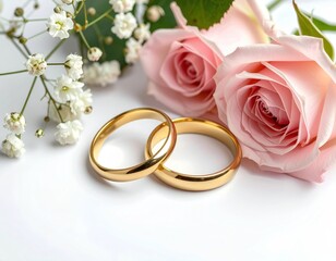 Two gold wedding bands lay near pink roses and delicate white baby's breath flowers against a clean, bright white backdrop
