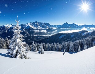 Snowy mountain vista, evergreen trees foreground, sky with bright sun, winter scene