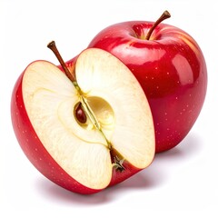 Close-up shows two red apples, one whole and the other cut in half revealing the core and seed. Simple, bright studio light