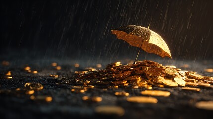 Concept of protecting wealth and investments, a golden umbrella over coins during a rain storm
