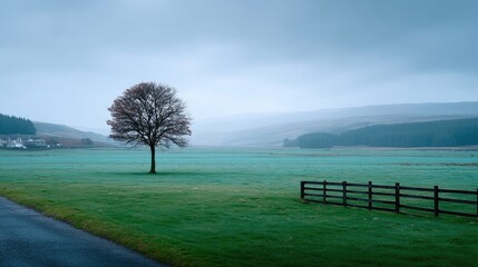 Lone Tree Silhouette in Cloudy Weather Over Green Field with Wooden Fence and Distant Hills Tranquil Rural Landscape