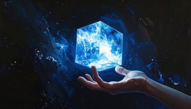 A hand reaches up to a cosmic blue cube floating in space, emitting a soft glow against a dark, nebula-like backdrop, mysterious and ethereal
