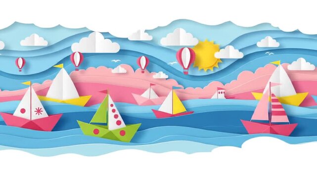 Colorful Paper Boat Sailing Scene with Hot Air Balloons and Bright Sky in Animated Landscape