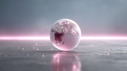 Luminous Pink Earth Globe Surrounded by Floating Particles in Futuristic Background with Reflections on a Dark Surface