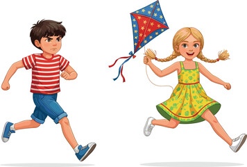 Children running with kite outdoors, happy girl flying colorful kite, playful boy chasing, fun summer activity, childhood adventure, outdoor playtime joy