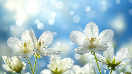 Obraz premium beautiful background, field of white flowers, morning dew