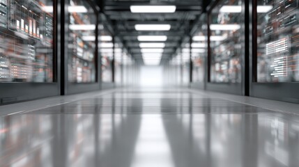 Extensive shelving unit in a long hallway, storage and organization solutions long.