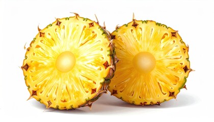 Two pineapple halves display their vibrant yellow flesh and intricate core details against a bright, clean white background