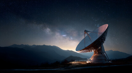 Large satellite dish under starry night sky and Milky Way