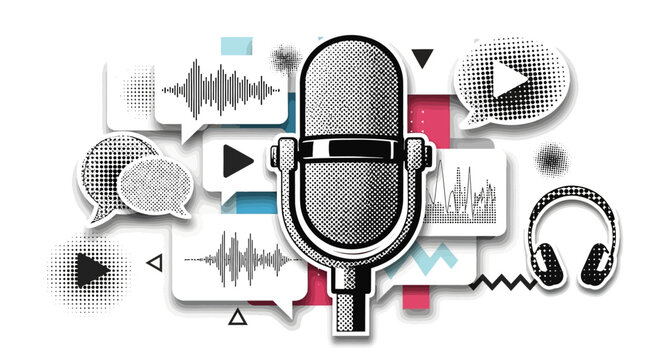 Retro Microphone with Audio Elements and Speech Bubbles