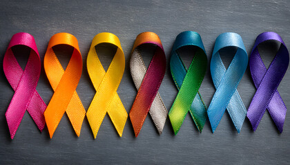 a diverse array of six colored awareness ribbons symbolizing various charitable causes and events helping to highlight numerous health issues background space available flat lay
