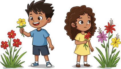 Happy boy and girl holding colorful flowers, children enjoying nature, kids picking blossoms in garden, spring and summer outdoor activity