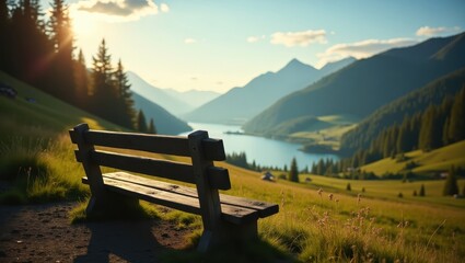 A wooden park bench positioned on a grassy hill overlooking a tranquil alpine lake surrounded by majestic mountains during a golden hour sunset.