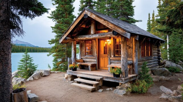 Rustic wooden cabin on a lakeside getaway - Powered by Adobe