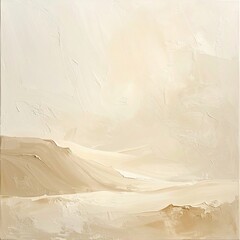 A minimalist landscape with soft, muted tones of beige and cream, depicting rolling dunes under an expansive, hazy sky, textural brushstrokes