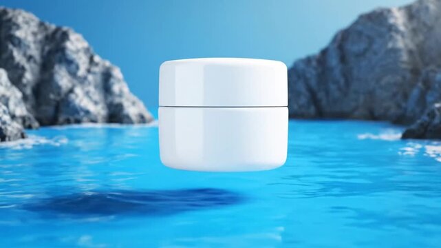 Minimalist white cosmetic jar mockup hovering above bright blue water with miniature sea

