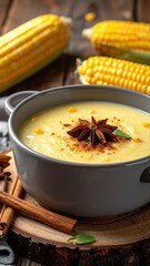 Close-up of creamy corn soup in a gray bowl, garnished with spice, on a wooden surface with corn and cinnamon sticks in background