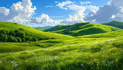 Rolling green hills under a bright blue sky dotted with fluffy white clouds create a peaceful and picturesque landscape