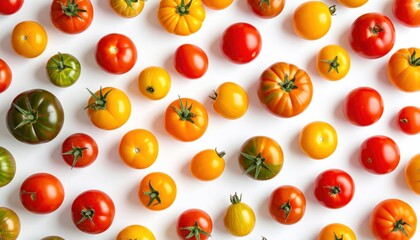 Pattern of colorful tomatoes on a white background. Green, yellow, & red cherry tomatoes arranged randomly, creating a vibrant, organic texture