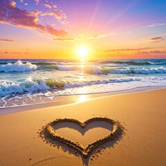 Heart drawn on a sandy beach with ocean waves gently rolling in under a golden sunset sky and vibrant clouds, radiating sunlight
