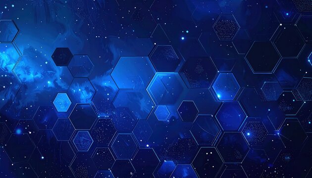 An abstract, digital background with geometric hexagonal forms on a star speckled nebula texture, in deep blue & dark colours, with shining lights - Powered by Adobe